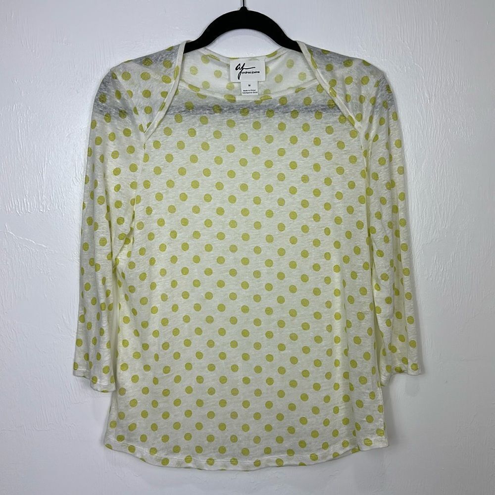 AJ Andrea Jovine Linen Polka Dot Print 3/4 Sleeve Top Size M